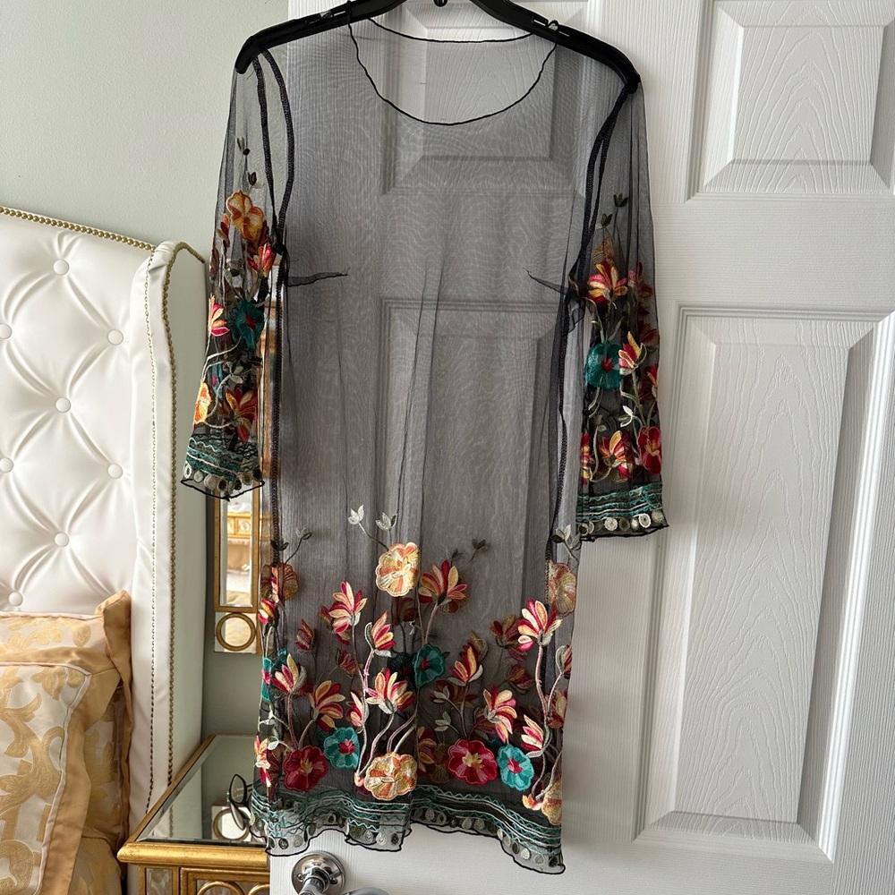 Floral Embroidered Sheer Black Dress